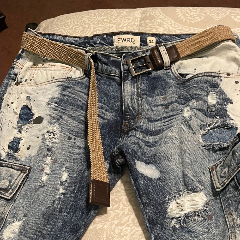 Distressed Blue Jeans with Tan Belt